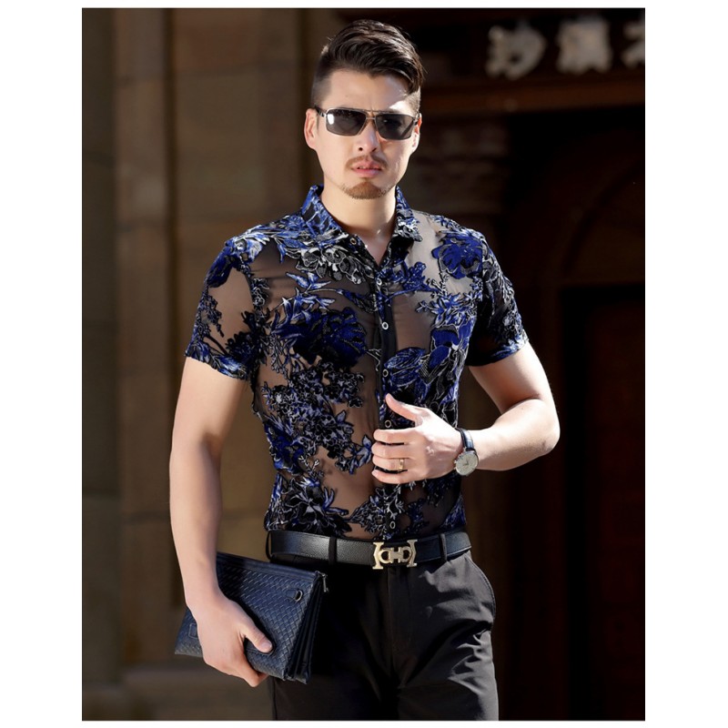 Silk Transparent Floral Shirt Short Sleeve See Through Shirt Sexy Lace Shirt