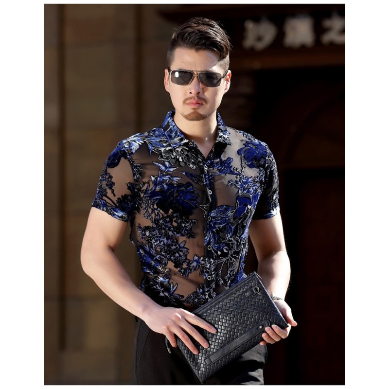 Silk Transparent Floral Shirt Short Sleeve See Through Shirt Sexy Lace Shirt