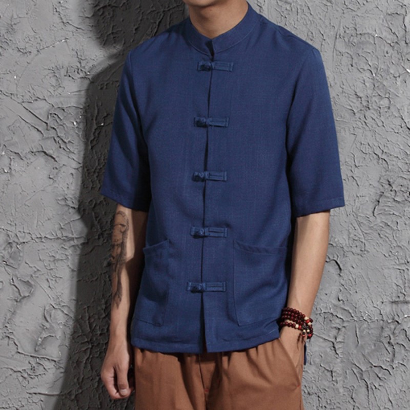 Cotton Linen Men Short Sleeve Dress Shirts Chinese Style Clothes