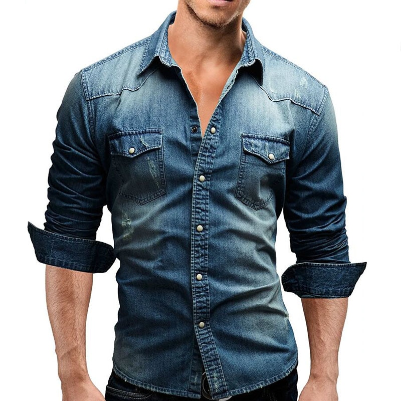 Male Long Sleeve Shirts Casual Solid Color Denim Slim Fit Dress Shirts