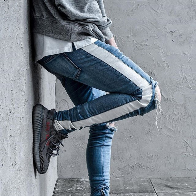 Knee Hole Side Zipper Slim Distressed Jeans Men  Ripped tore up Jeans For Men stripe pants