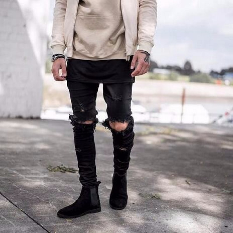 Skinny Ripped Jeans For Men Male Motorcycle  Jeans