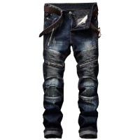 Men's Pleated Biker Jeans Pants Slim Fit Brand Designer Motocycle Denim Trousers For Male Straight Washed Multi Zipper