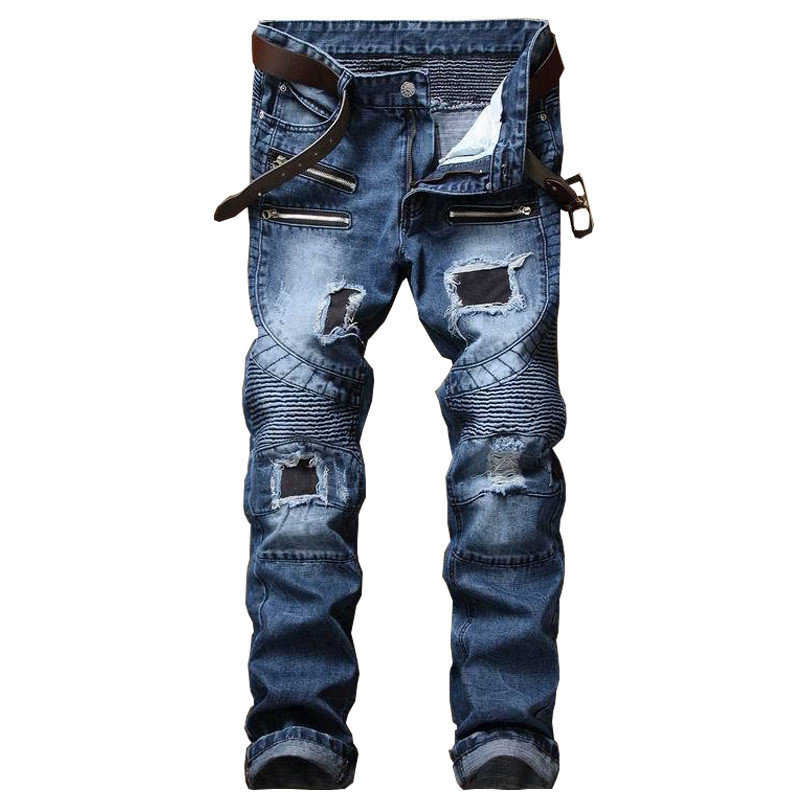 Men's Pleated Biker Jeans Pants Slim Fit Brand Designer Motocycle Denim Trousers For Male Straight Washed Multi Zipper