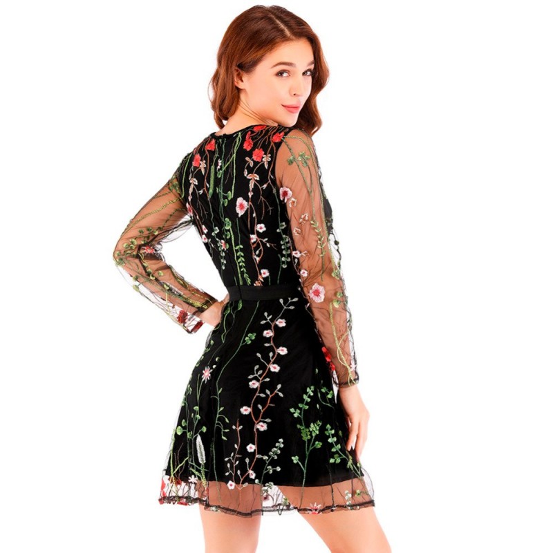 Sexy Women Floral Embroidery Dress Sheer Mesh Summer Boho Mini A-line Dress See-through Black Dress