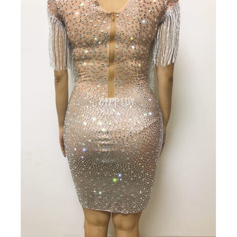 Sparkly Crystals Big Stretch Dress Women's Evening Party Wear Full Rhinestones Tassel Dress Prom Birthday Celebrate Outfit