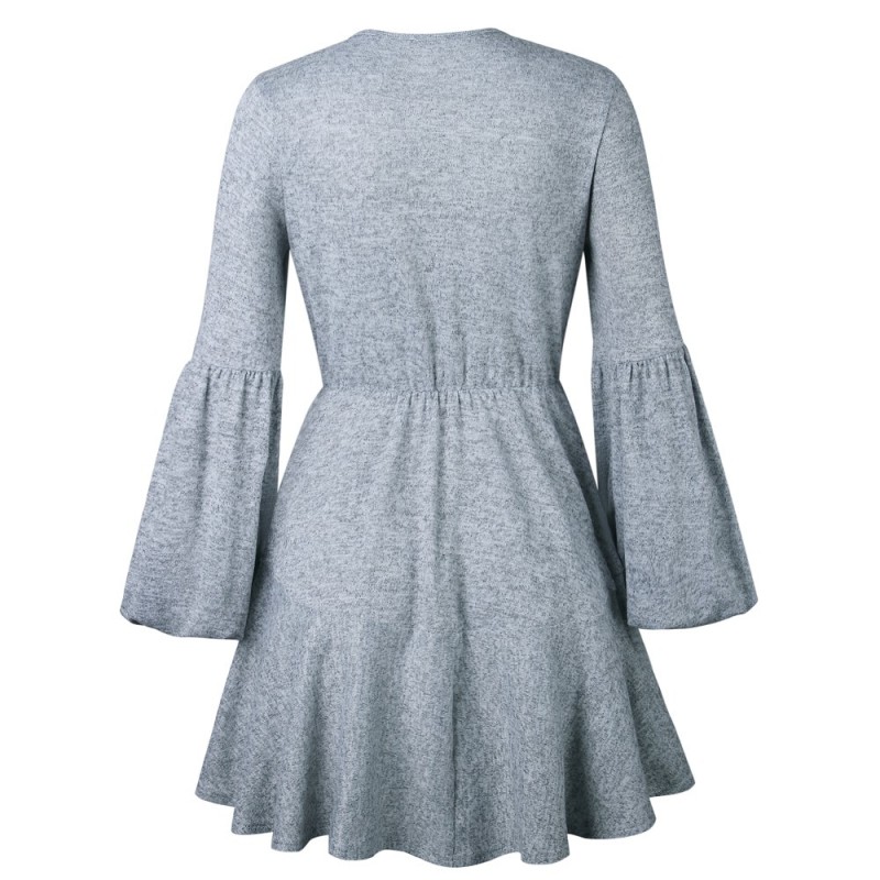 Women V Neck Ruffle Knitted Sweater Dress Autumn Winter Lace Up Short Dresses Casual Long Sleeve Solid A-Line Dress