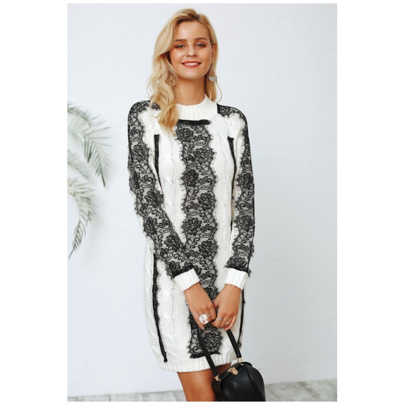 Neck twist knitted sweater dress women Elegant lace autumn winter dress Vintage long sleeve mini dress