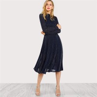 A Line Ladies Dresses Navy Long Sleeve Mock Neck Glitter Fit abd Flare Dress Stand Collar Elegant Party Dress