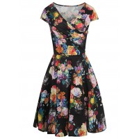 Women's  V-Neck Cap Sleeve Floral Casual Work Stretch Swing Dresses