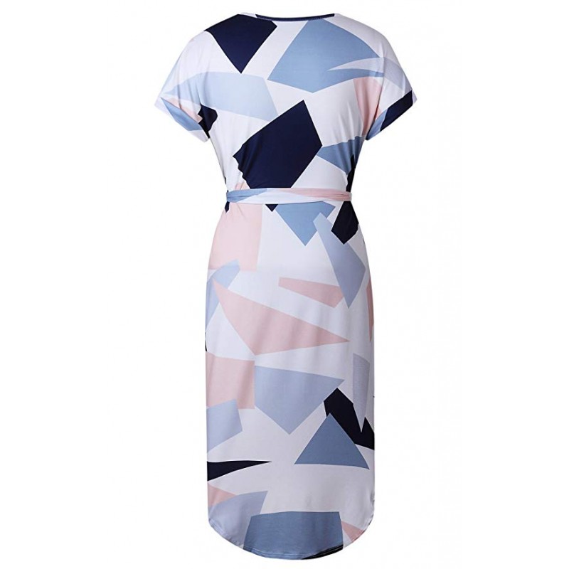 Womens Dresses Summer Casual V-Neck Floral Print Geometric Pattern Belted Dress