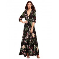 Women's Button up Split Floral Print Flowy Party Maxi Dress