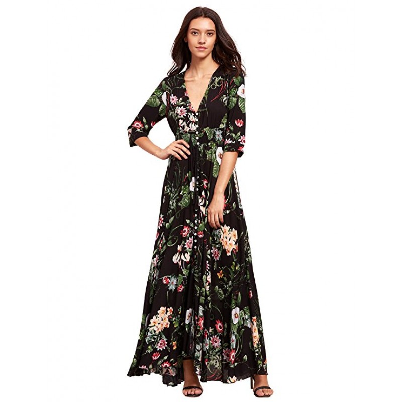 Women's Button up Split Floral Print Flowy Party Maxi Dress