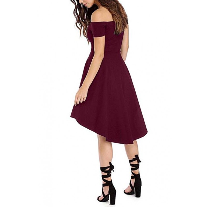 Womens Off The Shoulder Short Sleeve High Low Cocktail Skater Dress