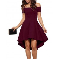 Womens Off The Shoulder Short Sleeve High Low Cocktail Skater Dress