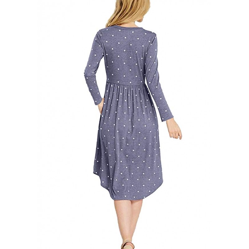 Women Long Sleeve Pleated Polka Dot Pocket Swing Casual Midi Dress