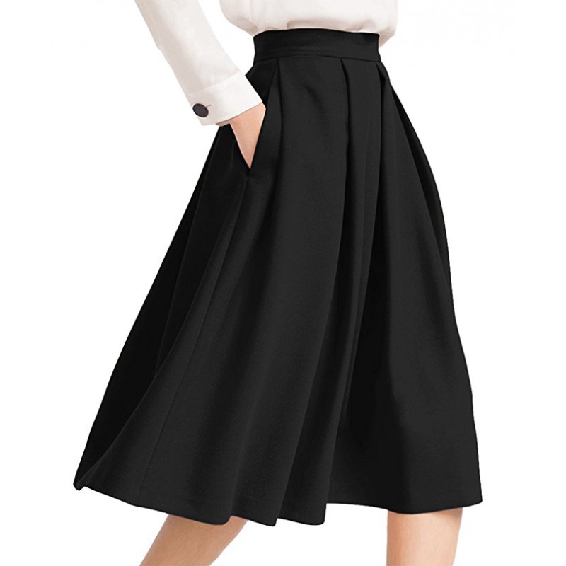 Women's High Waist Flared Skirt Pleated Midi Skirt with Pocket