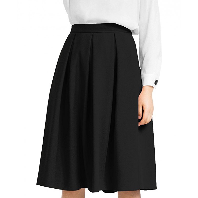 Women's High Waist Flared Skirt Pleated Midi Skirt with Pocket