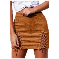 Womens Sexy High Waist Lace up Faux Suede Split Tight Mini Skirt