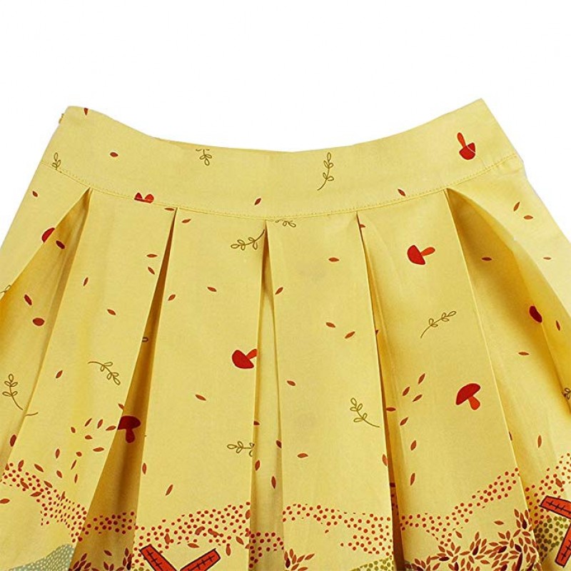 Women's Pleated Vintage Skirt Floral Print A-line Skirts with Pockets