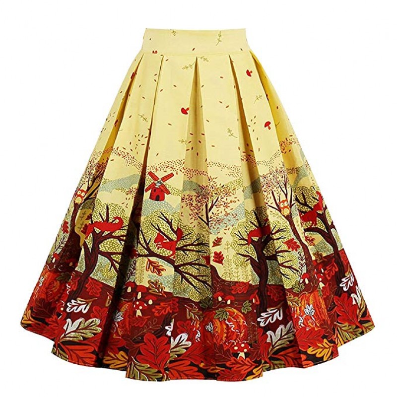 Women's Pleated Vintage Skirt Floral Print A-line Skirts with Pockets