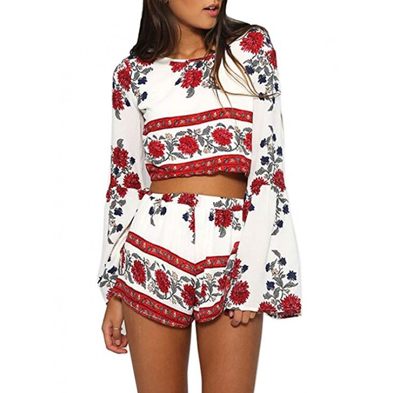 Women's 2 Pcs Floral Print Bohemian Crop Tops+Shorts Set Two Piece Out