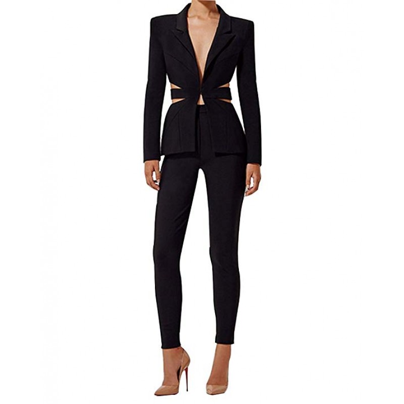 Women's Cut Out 2 Pieces Slim Fit Blazer Jacket Pants Suit Set